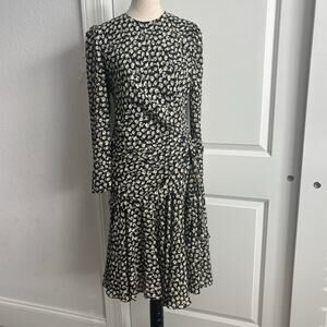 Vintage 80s Liz Roberts Mary Ann LaMonte Ruched Black Floral Ruffle Dress XS S